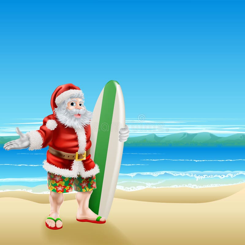 Summer Santa in beach wear, long board shorts or Bermuda shorts and flip-flop sandals, holding a surfboard on a sunny beach. Summer Santa in beach wear, long board shorts or Bermuda shorts and flip-flop sandals, holding a surfboard on a sunny beach.