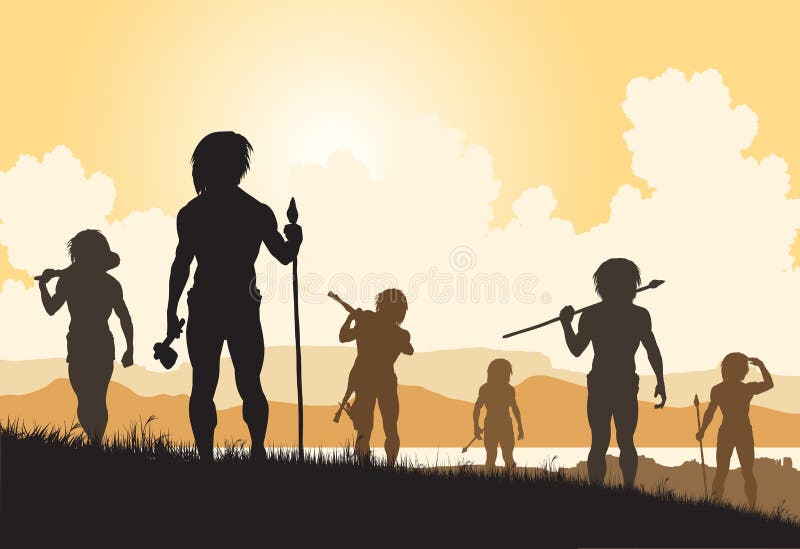 Editable vector silhouettes of cavemen hunters on patrol. Editable vector silhouettes of cavemen hunters on patrol