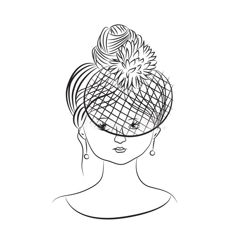 Pretty young girl with bun and veil on her face. Black and white line art vector illustration. Isolated on white background. Pretty young girl with bun and veil on her face. Black and white line art vector illustration. Isolated on white background