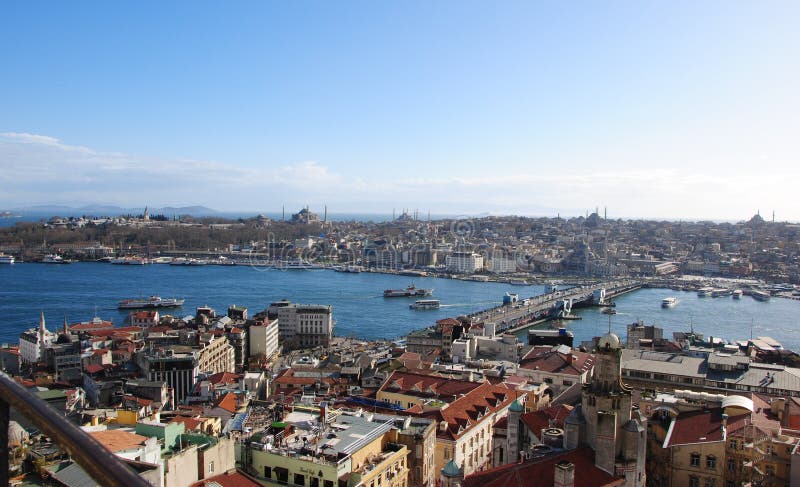 Picture taken with a high point, with the tower, seen the sea, the roofs of houses, mosques, a bridge. Istanbul with a bird's eye. Picture taken with a high point, with the tower, seen the sea, the roofs of houses, mosques, a bridge. Istanbul with a bird's eye