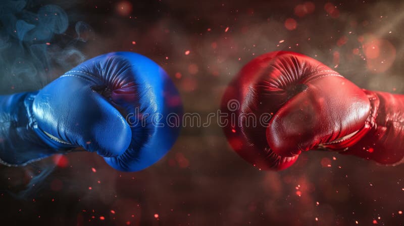 Red and blue gloves in boxing arena place for text. Red and blue gloves in boxing arena place for text.