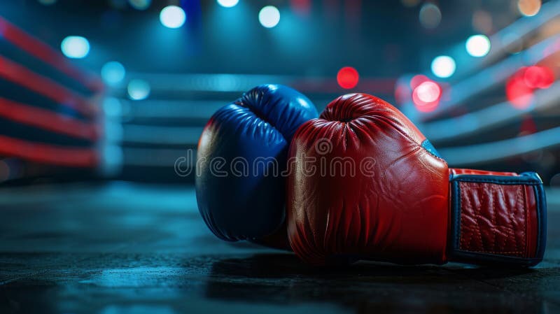 Red and blue gloves in boxing arena place for text. Red and blue gloves in boxing arena place for text.