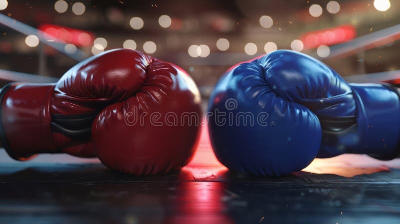 Red and blue gloves in boxing arena place for text. Red and blue gloves in boxing arena place for text