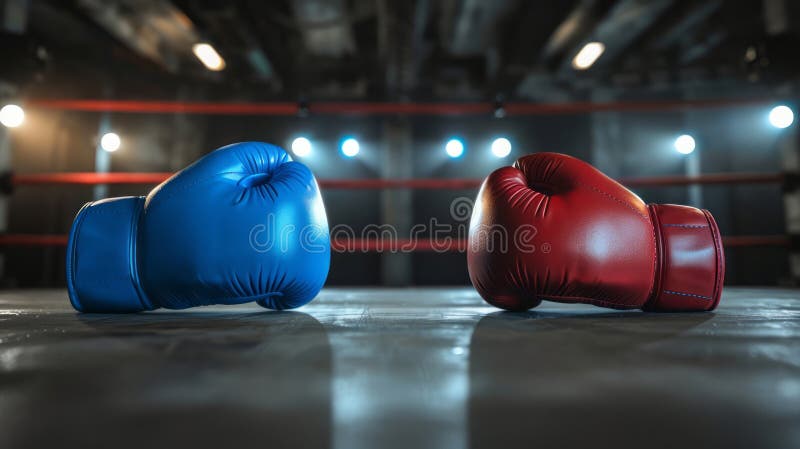 Red and blue gloves in boxing arena place for text. Red and blue gloves in boxing arena place for text