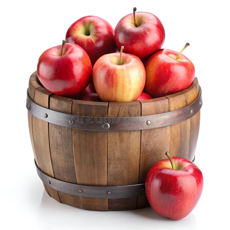Κόκκινα μήλα με ξύλινη σοδειά Rustic Wooden Barrel Νωπά φρούτα απομονωμένα σε λευκό φόντο. Συλλογή φρέσκων κόκκινων μήλων μέσα σε ένα ξύλινο βαρέλι απομονωμένο σε λευκό φόντο, ιδανικό για θέματα συγκομιδής και διατροφής