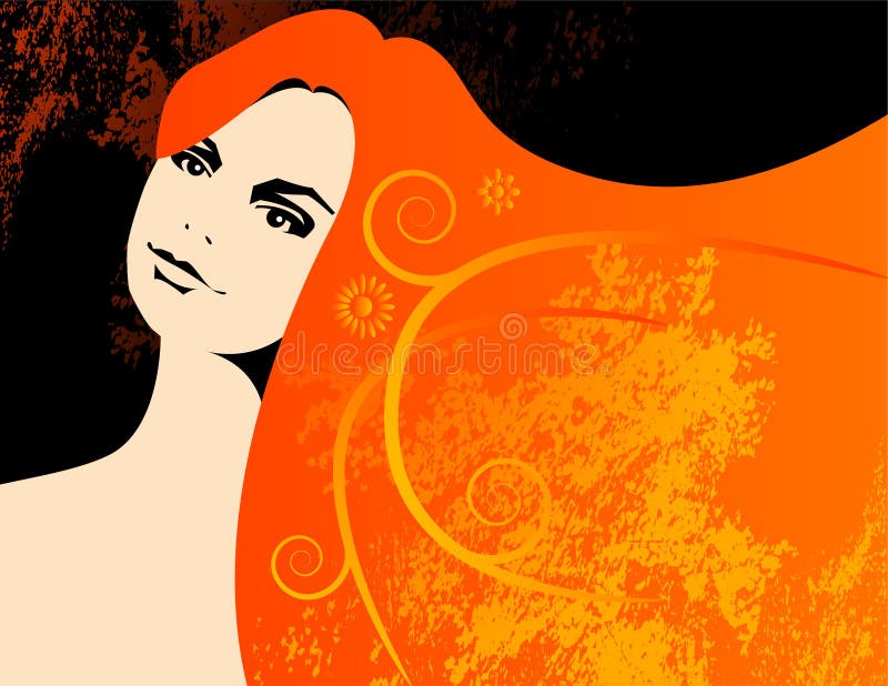 Vector illustration of a beautiful woman, her long red hair with floral elements. Vector illustration of a beautiful woman, her long red hair with floral elements.