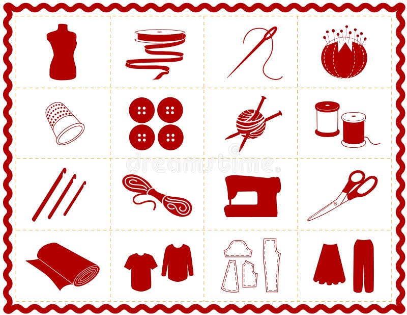 Icons for sewing, tailoring, dressmaking, needlework, quilting, darning, textile arts, crafts & do it yourself projects, gold stitching with red rickrack frame. EPS8 organized in groups for easy editing. Icons for sewing, tailoring, dressmaking, needlework, quilting, darning, textile arts, crafts & do it yourself projects, gold stitching with red rickrack frame. EPS8 organized in groups for easy editing.