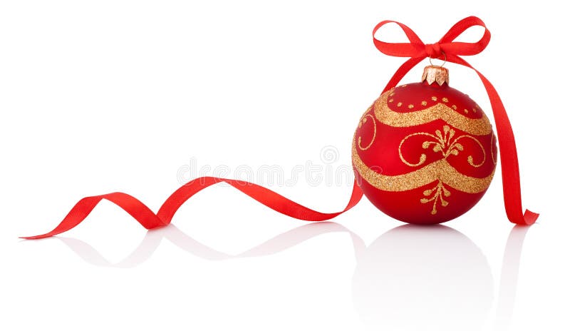 Κόκκινη σφαίρα διακοσμήσεων Χριστουγέννων με το τόξο κορδελλών που απομονώνεται στο λευκό