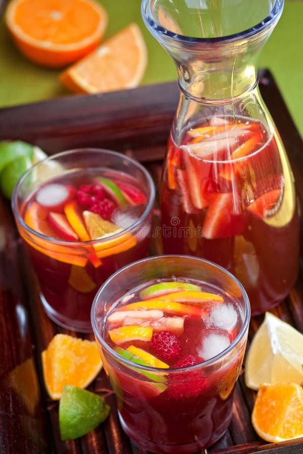 Red wine Sangria on wooden tray. Red wine Sangria on wooden tray