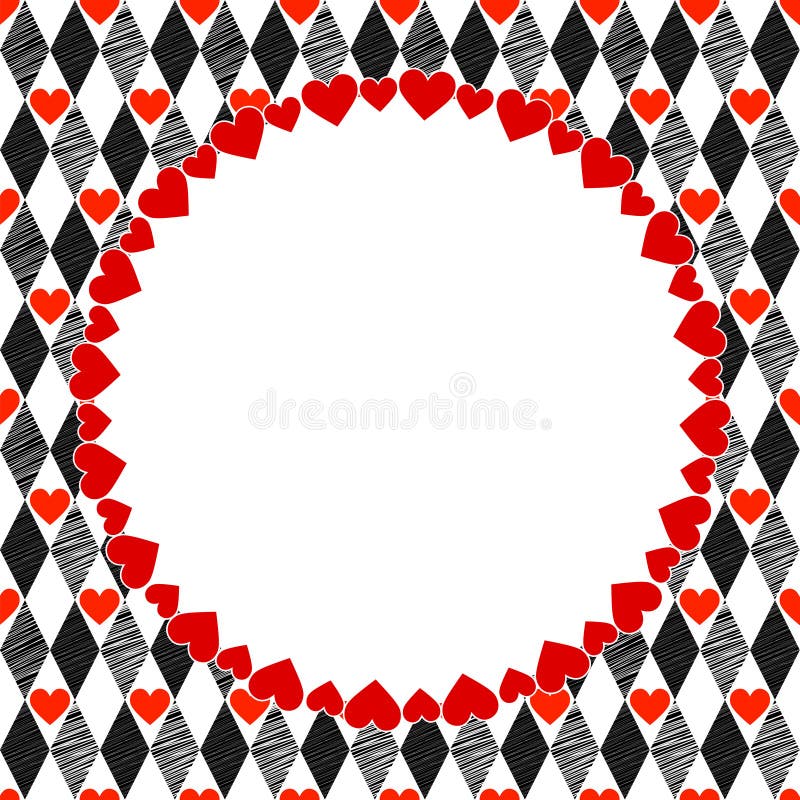 Harlequin Hearts Red, Black and White Art Background, Round Frame with place for your text. Harlequin Hearts Red, Black and White Art Background, Round Frame with place for your text