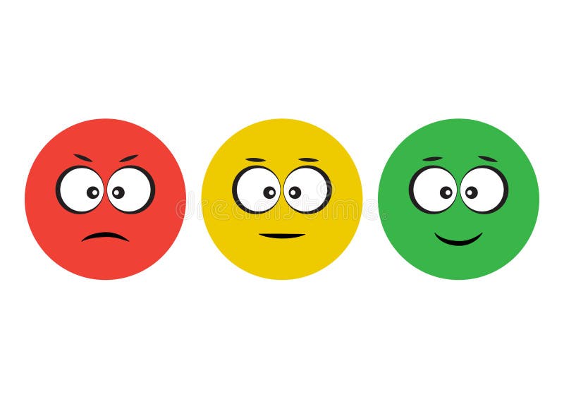 Red, yellow, green smileys emoticons icon negative, neutral and positive, different mood. Funny characters. Vector illustration. Red, yellow, green smileys emoticons icon negative, neutral and positive, different mood. Funny characters. Vector illustration