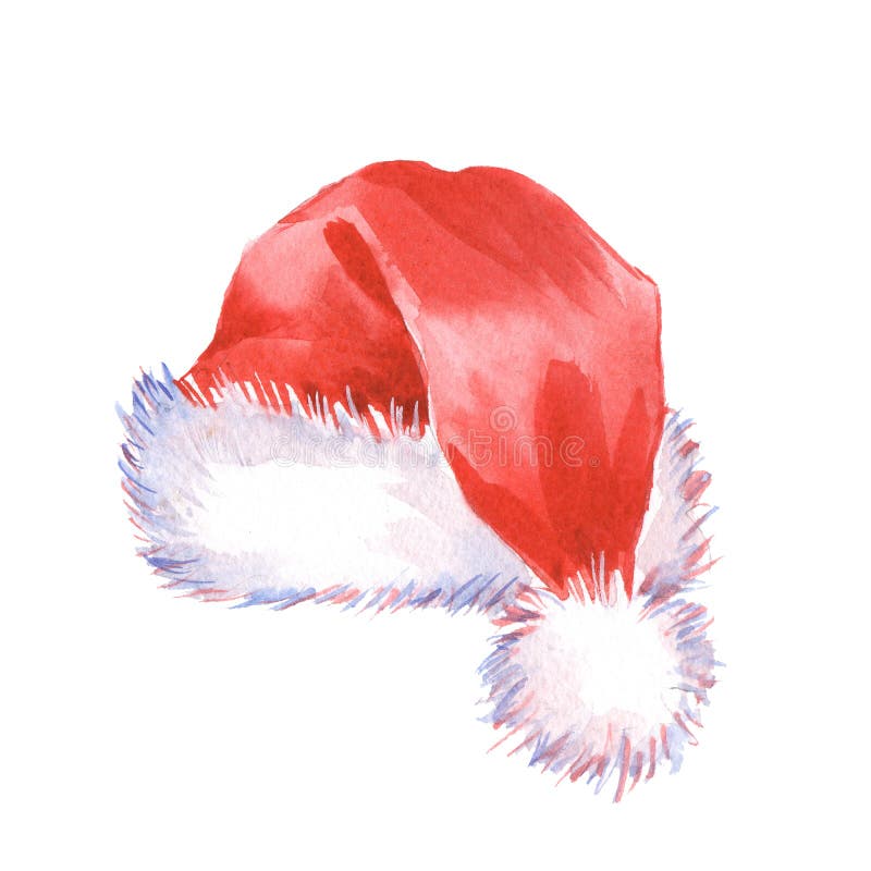 Santa Claus red hat. Watercolor illustration, isolated on white. Santa Claus red hat. Watercolor illustration, isolated on white