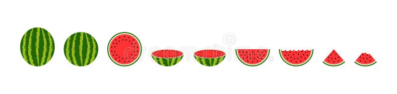Red watermelon. Round, half, quarter and slice of watermelon. Cartoon icon of water melon. Cut of piece of fruit. Summer plant isolated on white background. Logo for food, juice and freshness. Vector. Red watermelon. Round, half, quarter and slice of watermelon. Cartoon icon of water melon. Cut of piece of fruit. Summer plant isolated on white background. Logo for food, juice and freshness. Vector
