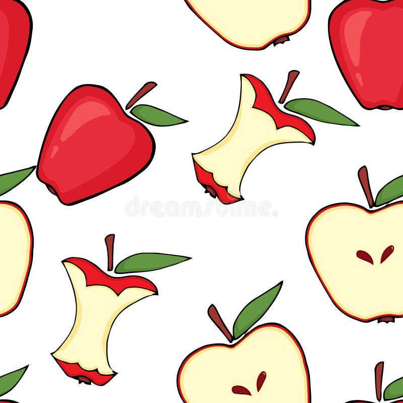 Red apple, apple core, half apple seamless pattern background. Red apple, apple core, half apple seamless pattern background.