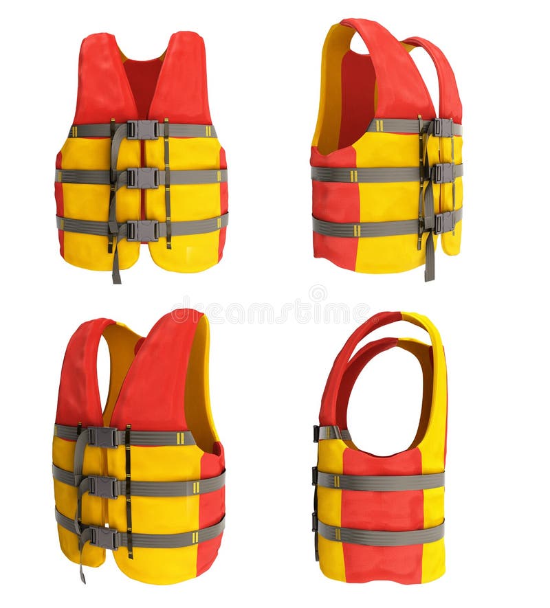collection life vest red yellow 3d render on white. collection life vest red yellow 3d render on white