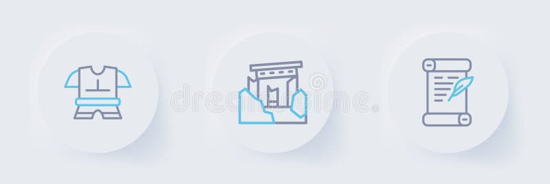 Κύλιση διατάγματος περγαμηνής Εικονίδιο αρχαίων ερειπίων και θωρακίσεων σώματος. Διάνυσμα ελεύθερη απεικόνιση δικαιώματος