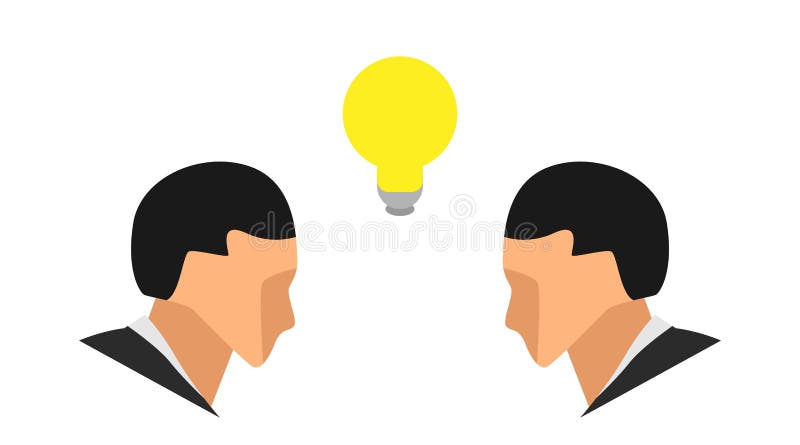 Λάμψεις ενός lightbulb κίτρινες στη μέση μεταξύ δύο αρσενικών κεφαλιών πορτρέτου επεξηγήστε το θέμα της συζήτησης και της διαμάχη ελεύθερη απεικόνιση δικαιώματος