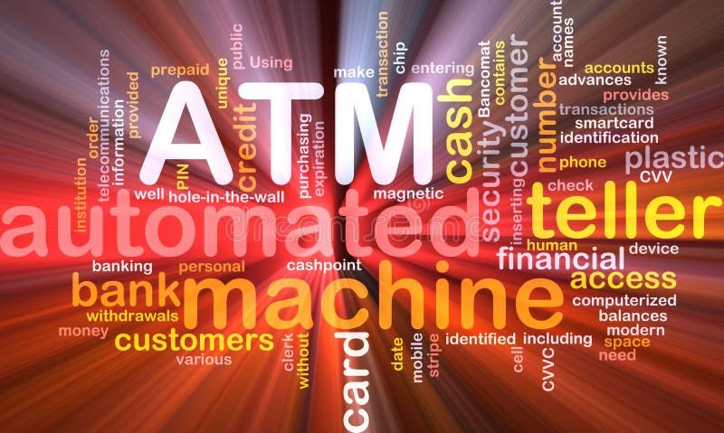 Software package box Word cloud concept illustration ATM Automated Teller Machine. Software package box Word cloud concept illustration ATM Automated Teller Machine