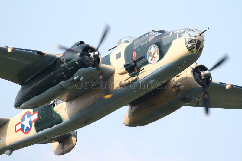 Commemorating 100 years of the first flight school in Italy, La Comina, near Pordenone. Flight demonstration of historic aircraft. B25 Mitchell was an American twin-engined medium bomber manufactured by North American Aviation. It was used by many Allied air forces, in every theater of World War II, as well as many other air forces after the war ended, and saw service across four decades. Commemorating 100 years of the first flight school in Italy, La Comina, near Pordenone. Flight demonstration of historic aircraft. B25 Mitchell was an American twin-engined medium bomber manufactured by North American Aviation. It was used by many Allied air forces, in every theater of World War II, as well as many other air forces after the war ended, and saw service across four decades.