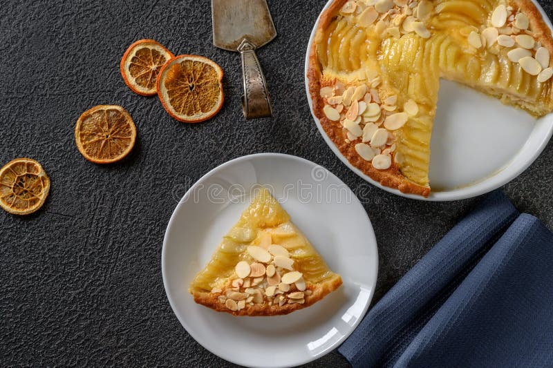 Portion of la Tarte Bourdaloue - French pear tart. Portion of la Tarte Bourdaloue - French pear tart