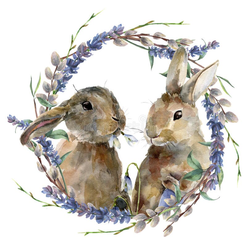 Λαγουδάκι Πάσχας Watercolor με το floral στεφάνι Το χέρι χρωμάτισε το κουνέλι με lavender, ιτιών και δέντρων τον κλάδο που απομον ελεύθερη απεικόνιση δικαιώματος