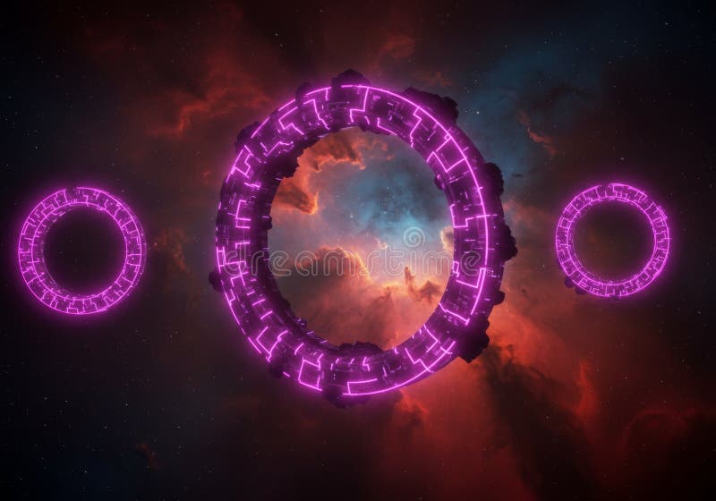 Λαμπερά μοβ κοσμικά δακτυλίδια στο Nebula Space απεικόνιση αποθεμάτων