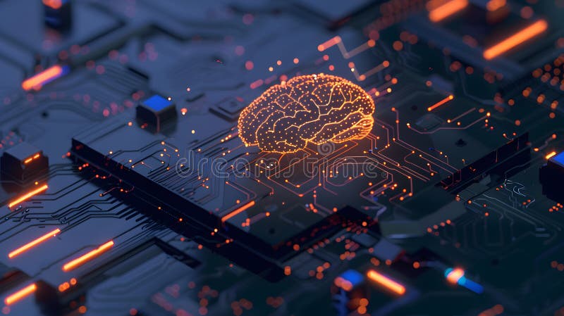 Λαμπερό chip AIpowered ενσωματωμένο σε ανθρώπινο εγκέφαλο. απεικόνιση αποθεμάτων