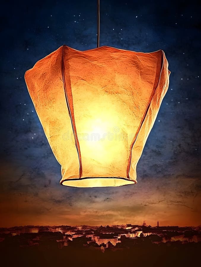 Λαμπερό Sky Lantern Νύχτα Cityscape Ζεστό φως Ήρεμη βραδυκίνητη τέχνη ελπίδα ψυχρή σκοτεινή εφημερίδα διανυσματική απεικόνιση