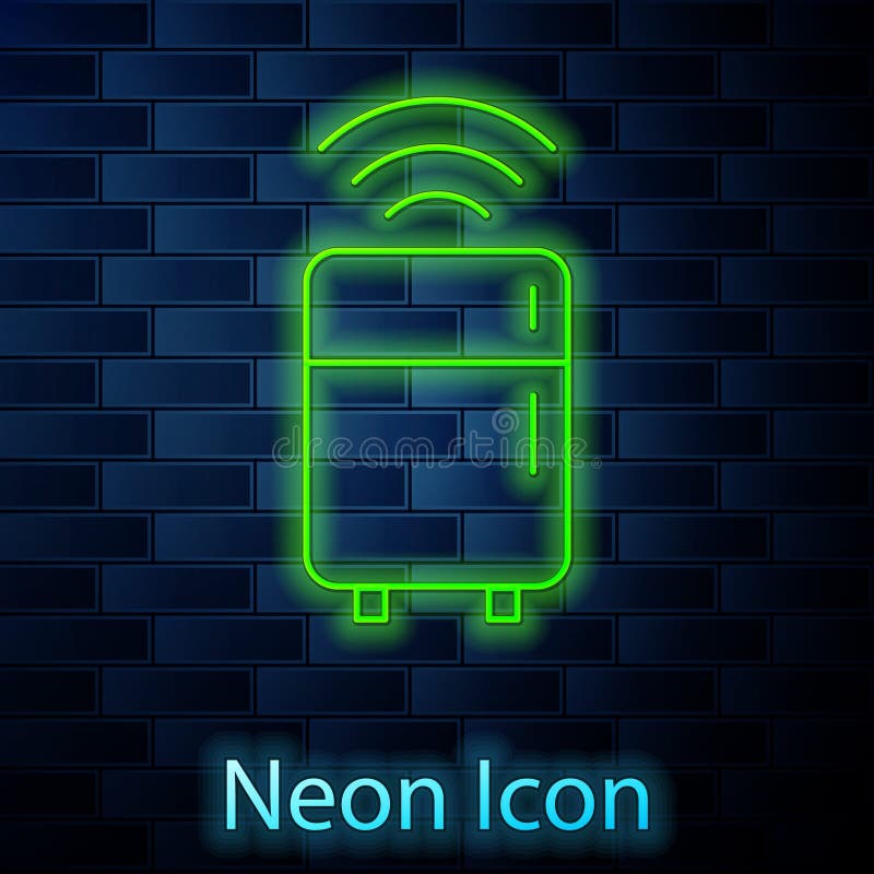 λαμπερό εικονίδιο neon line smart ψυγείο απομονωμένο σε φόντο τοίχου από τούβλα. ψυγείο κατάψυξης ψυγείου. διαδίκτυο απεικόνιση αποθεμάτων