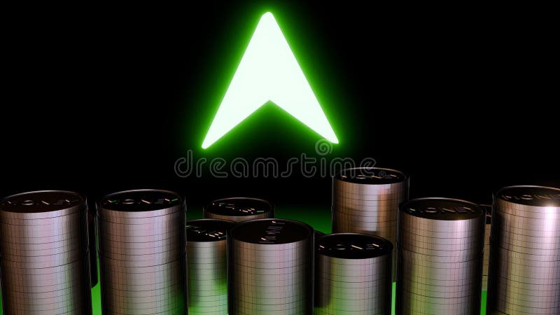 3d rendering of coins stacked and glowing green arrow hovering above the coins. The arrow is pointing upwards. 3d rendering of coins stacked and glowing green arrow hovering above the coins. The arrow is pointing upwards.