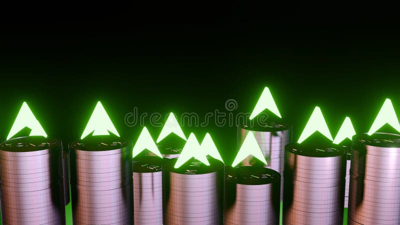 3d rendering of coins stacked and glowing green arrow hovering above the coins. The arrow is pointing upwards. 3d rendering of coins stacked and glowing green arrow hovering above the coins. The arrow is pointing upwards.