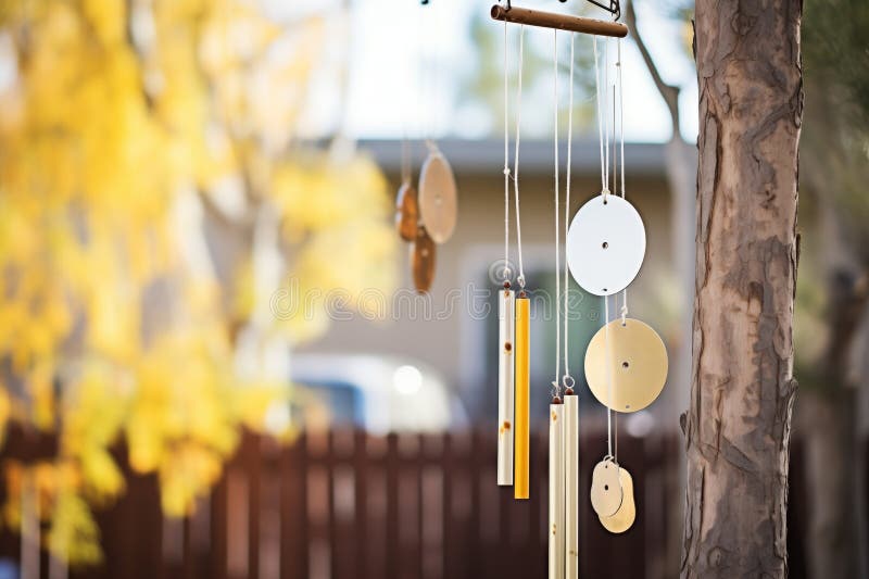 shiny gold metallic wind chimes in a back yard, created with generative ai AI generated. shiny gold metallic wind chimes in a back yard, created with generative ai AI generated