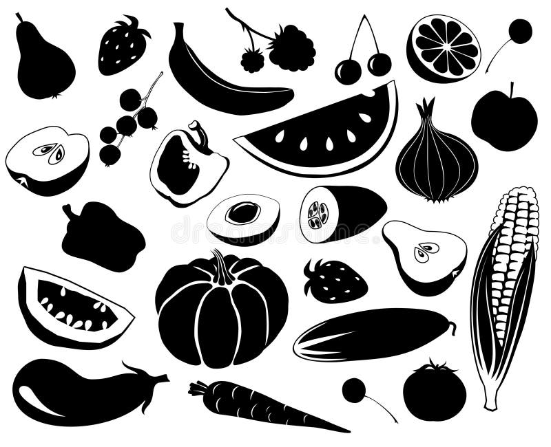 Black-and-white silhouettes of fruit and vegetables. Black-and-white silhouettes of fruit and vegetables