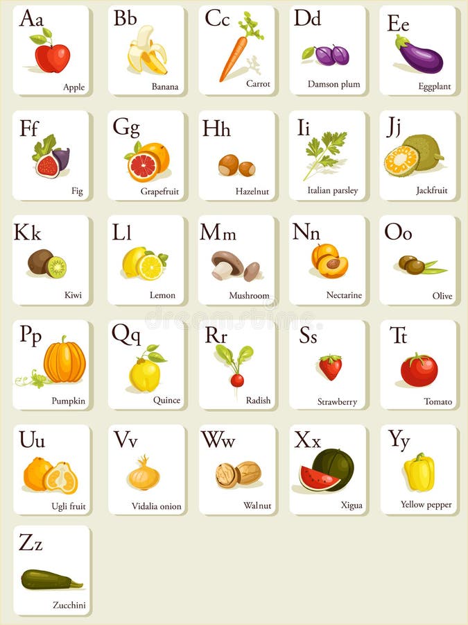 Fruits and vegetables alphabet cards , illustration. Fruits and vegetables alphabet cards , illustration