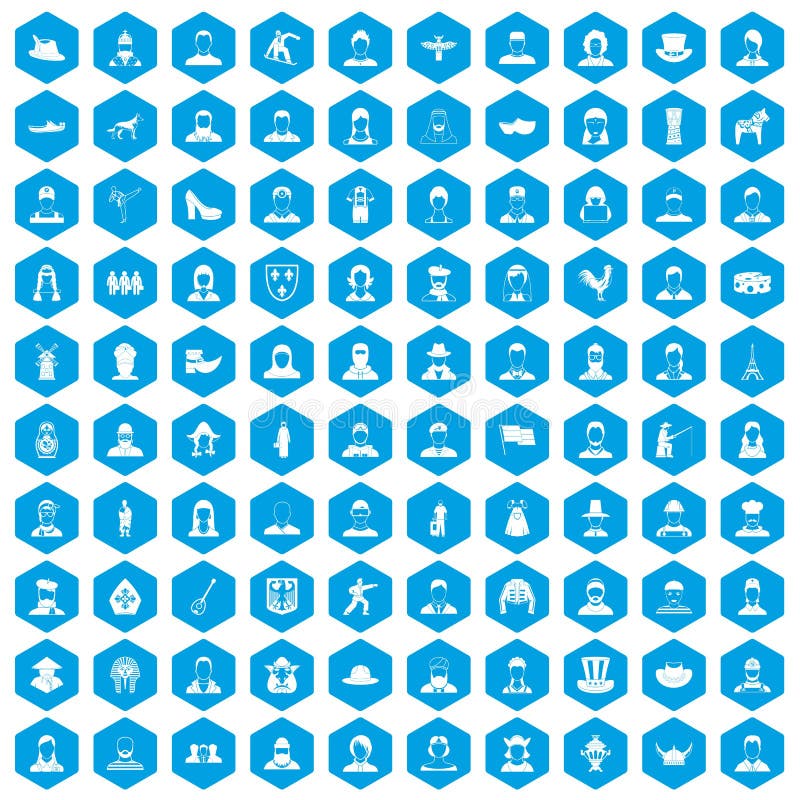 100 folk icons set in blue hexagon isolated vector illustration. 100 folk icons set in blue hexagon isolated vector illustration