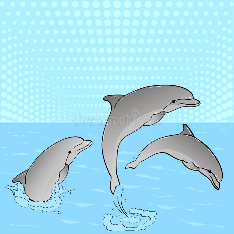 Pop Art. Raster illustration of imitation retro comic style. Rest on the sea, three dolphins play in the water. Pop Art. Raster illustration of imitation retro comic style. Rest on the sea, three dolphins play in the water.