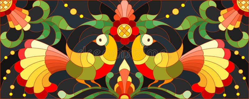 Illustration in stained glass style with a pair of birds , flowers and patterns on a dark background , horizontal image,the imitation of painting Khokhloma. Illustration in stained glass style with a pair of birds , flowers and patterns on a dark background , horizontal image,the imitation of painting Khokhloma