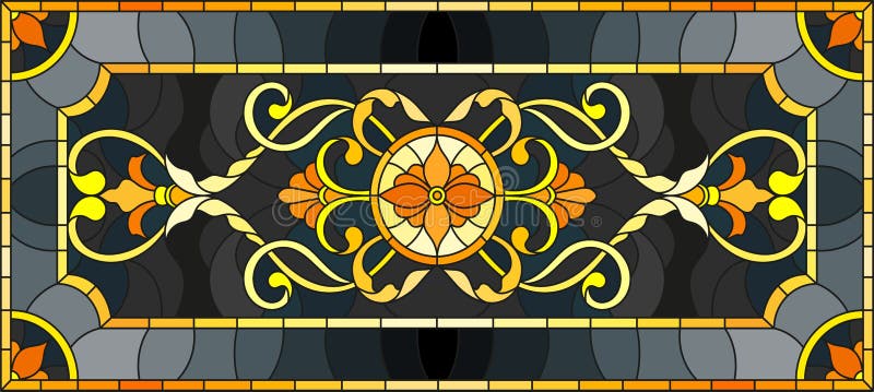 Illustration in stained glass style with floral ornament ,imitation gold on dark background with swirls and floral motifs. Illustration in stained glass style with floral ornament ,imitation gold on dark background with swirls and floral motifs