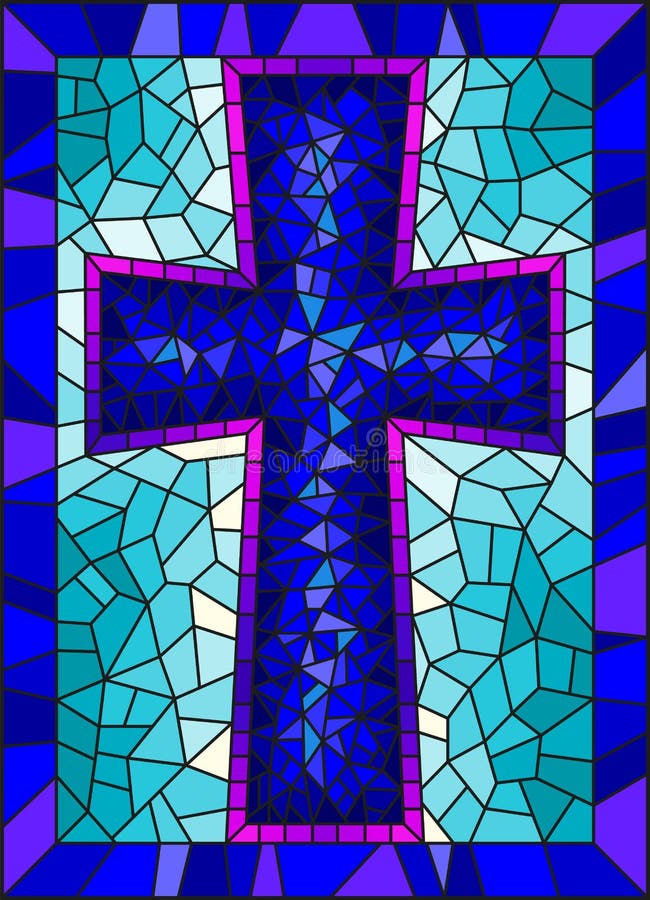 The illustration in stained glass style painting on religious themes, stained glass window in the shape of a blue Christian cross , on a blue background with frame. The illustration in stained glass style painting on religious themes, stained glass window in the shape of a blue Christian cross , on a blue background with frame