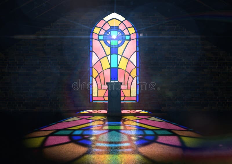 A dim old church interior lit by suns rays penetrating through a colorful stained glass window in the pattern of a crucifix reflecting colours on the floor and a speech pulpit. A dim old church interior lit by suns rays penetrating through a colorful stained glass window in the pattern of a crucifix reflecting colours on the floor and a speech pulpit