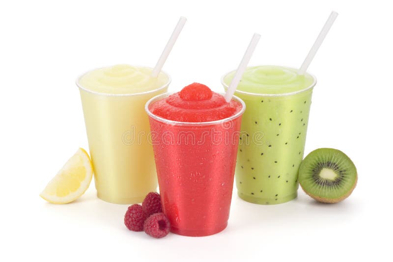 Three flavors of smoothies: lemon (or frozen lemonade), raspberry, and kiwi in generic cups with straws and fruit garnishes. Isolated on a white background. Three flavors of smoothies: lemon (or frozen lemonade), raspberry, and kiwi in generic cups with straws and fruit garnishes. Isolated on a white background.