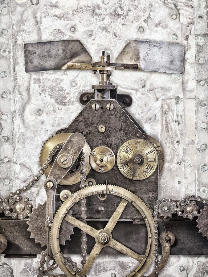 Retro styled image of a part of an ancient church clock with gears and chains. Retro styled image of a part of an ancient church clock with gears and chains
