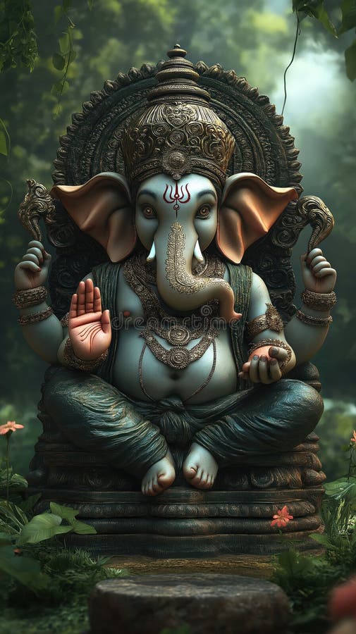 λεπτομερές άγαλμα του ganesha σε περιβάλλον πράσινου δάσους. ο γκανέσα κάθεται στον θρόνο. αντικείμενο θρησκευτικής τέχνης. όμορφο διανυσματική απεικόνιση