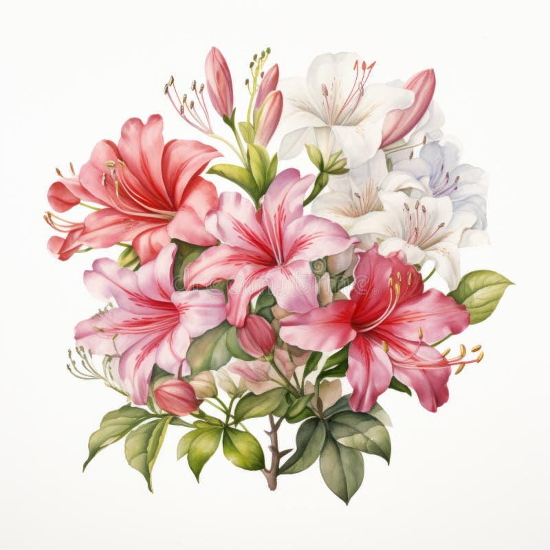λεπτομερές υδατοχρωματικό ανθοδέσμιο azalea σε στυλ φυσαλιδώδους βοτανικής τέχνης διανυσματική απεικόνιση