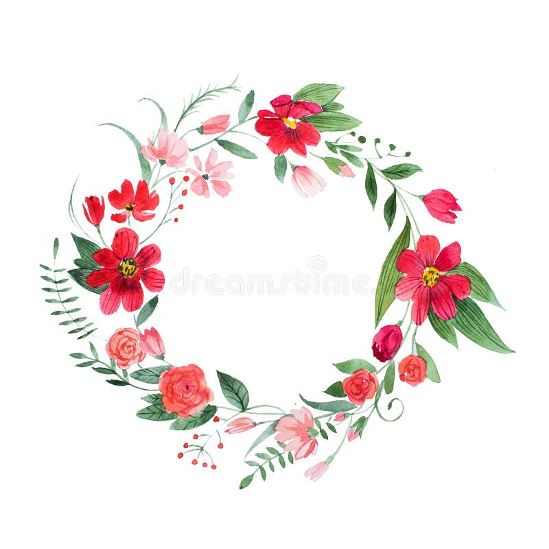 Λεπτό floral στέμμα φιαγμένο από ρόδινα και κόκκινα λουλούδια και φύλλα hand-drawn με το watercolor