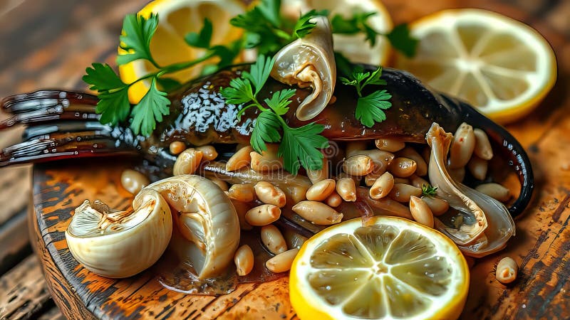 Λεπτό πιάτο με σουπιές με γεύση γαστρονομίας πάνω σε ξύλινο τραπέζι διανυσματική απεικόνιση