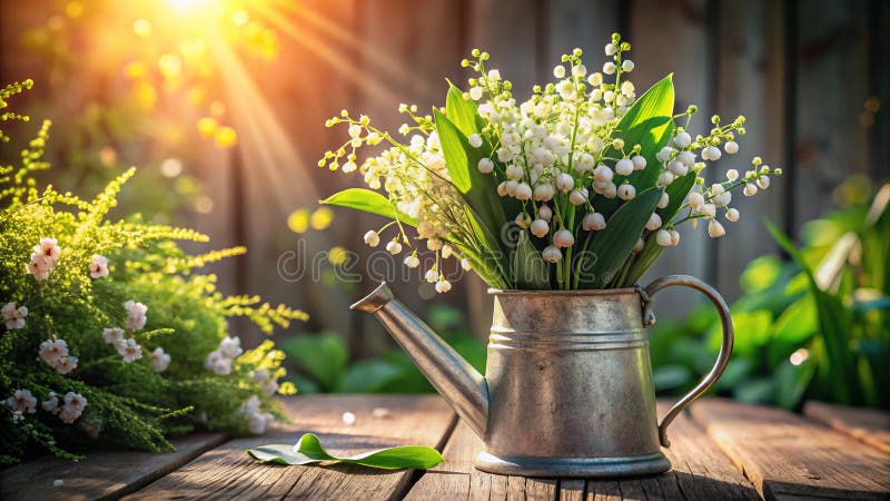 Λεπτός κρίνος της κοιλάδας άνθη σε ένα Rustic Watering Can Anti a Texture Gray Wood Background A ελεύθερη απεικόνιση δικαιώματος