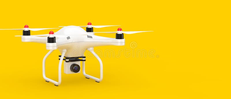 White Drone with Photo Camera on a yellow background. 3d Rendering. White Drone with Photo Camera on a yellow background. 3d Rendering