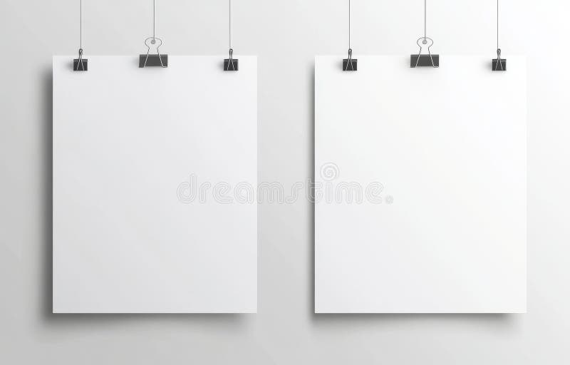 λευκό poster μακέτα με κλιπ κρεμασμένα με δύο λευκές αφίσες απεικόνιση αποθεμάτων