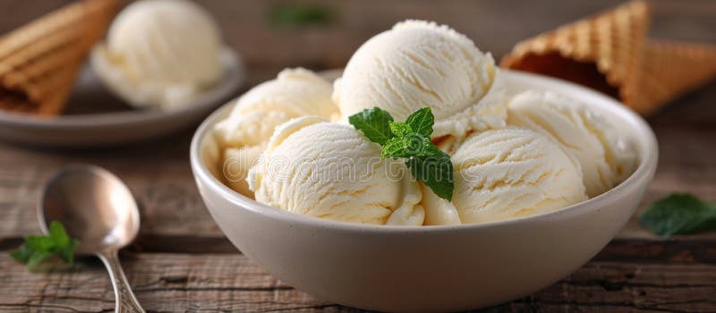 A white bowl filled with vanilla ice cream balls topped with mint leaves, placed next to a silver spoon on a table. AI generated. A white bowl filled with vanilla ice cream balls topped with mint leaves, placed next to a silver spoon on a table. AI generated